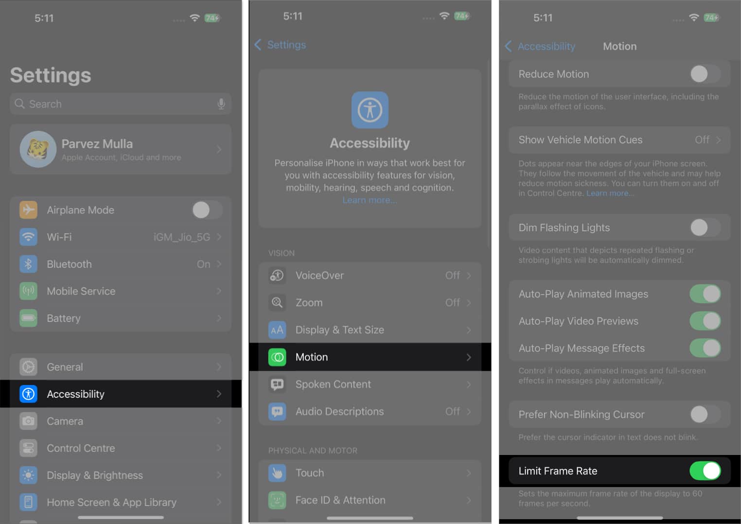 Toggling on the Limit Frame Rate option under Accessibility settings on an iPhone.