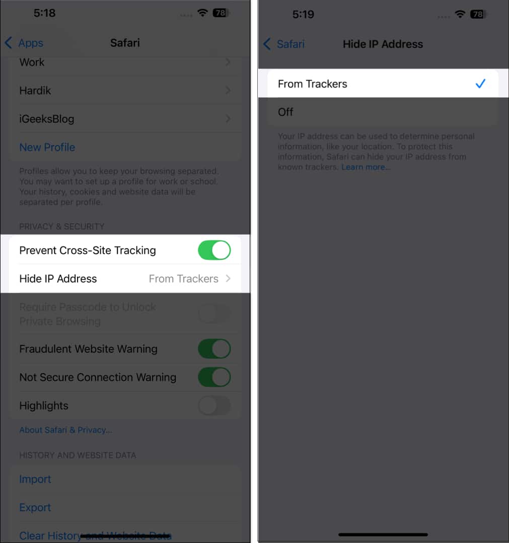 Toggling on Prevent Cross-Site Tracking and selecting From Trackers option for Hide IP Address on an iPhone.