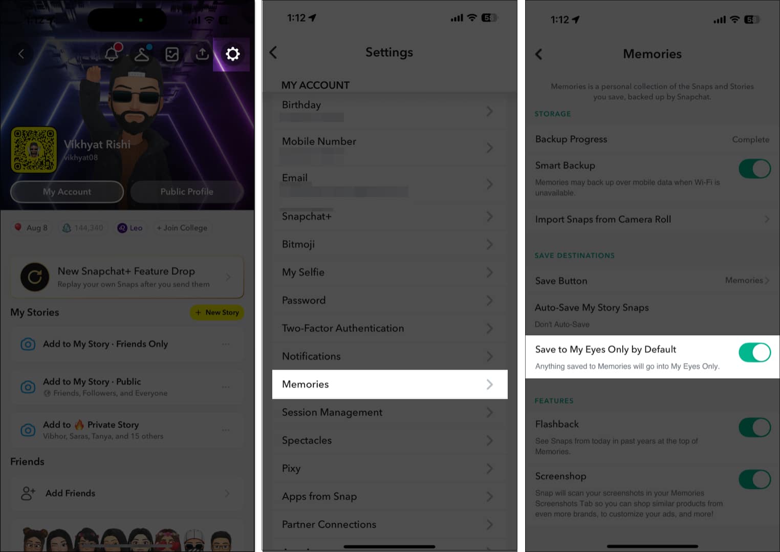 Toggling on Save to My Eyes Only by Default on Snapchat settings.