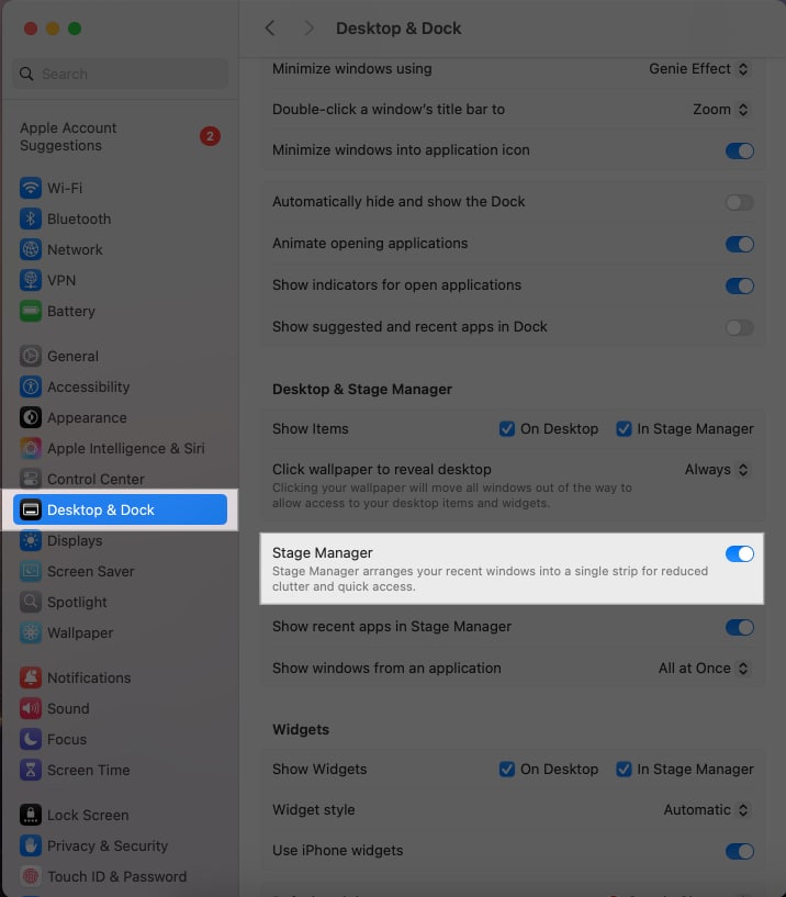Toggling on the Stage Manager option from Display & Dock settings on a Mac.