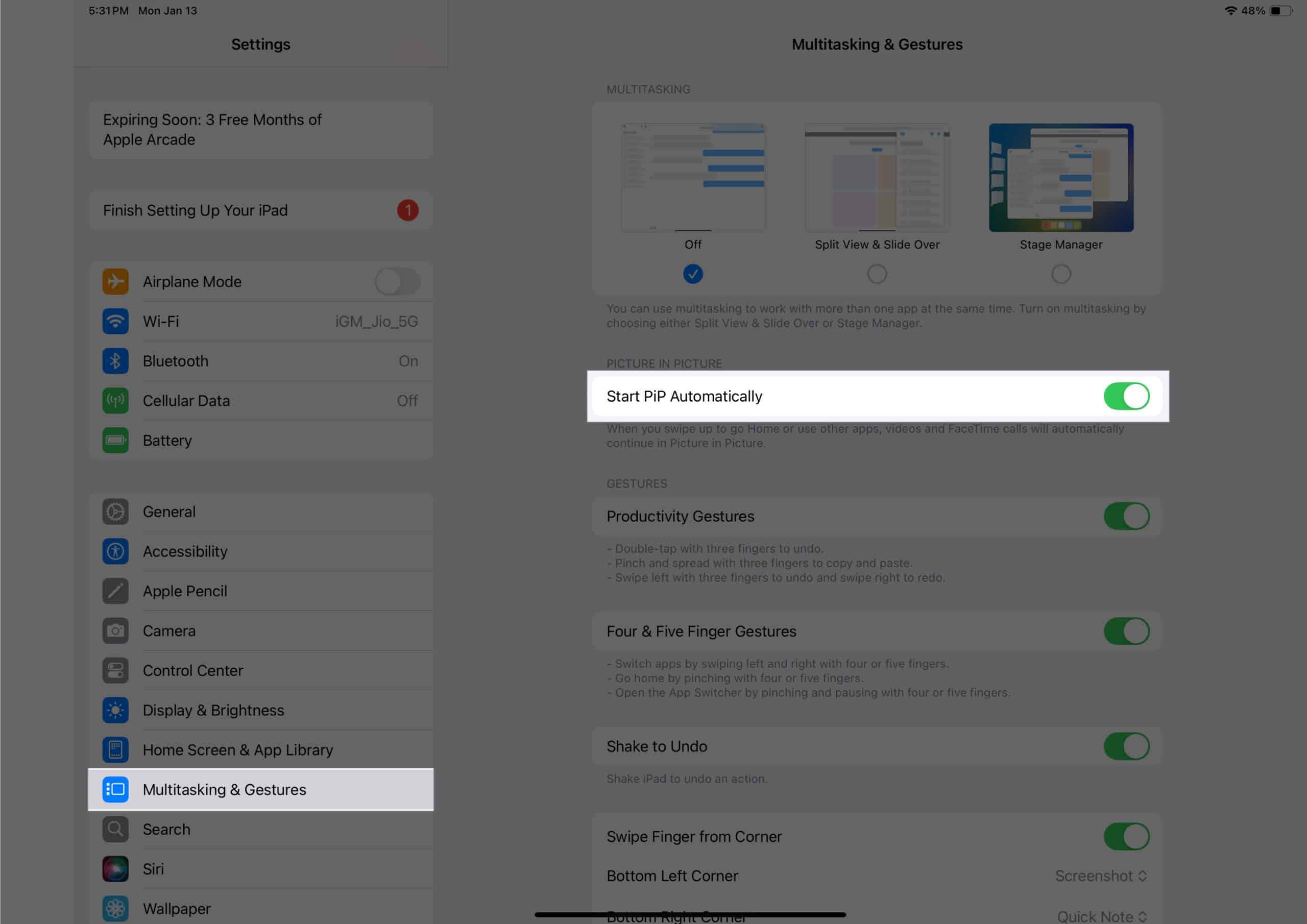 Toggling on the Start PiP Automatically option from Multitasking & Gestures settings on an iPad.
