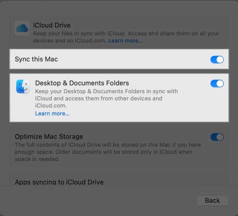 Toggling on Sync this Mac and Desktop & Documents folders options under iCloud Drive settings.