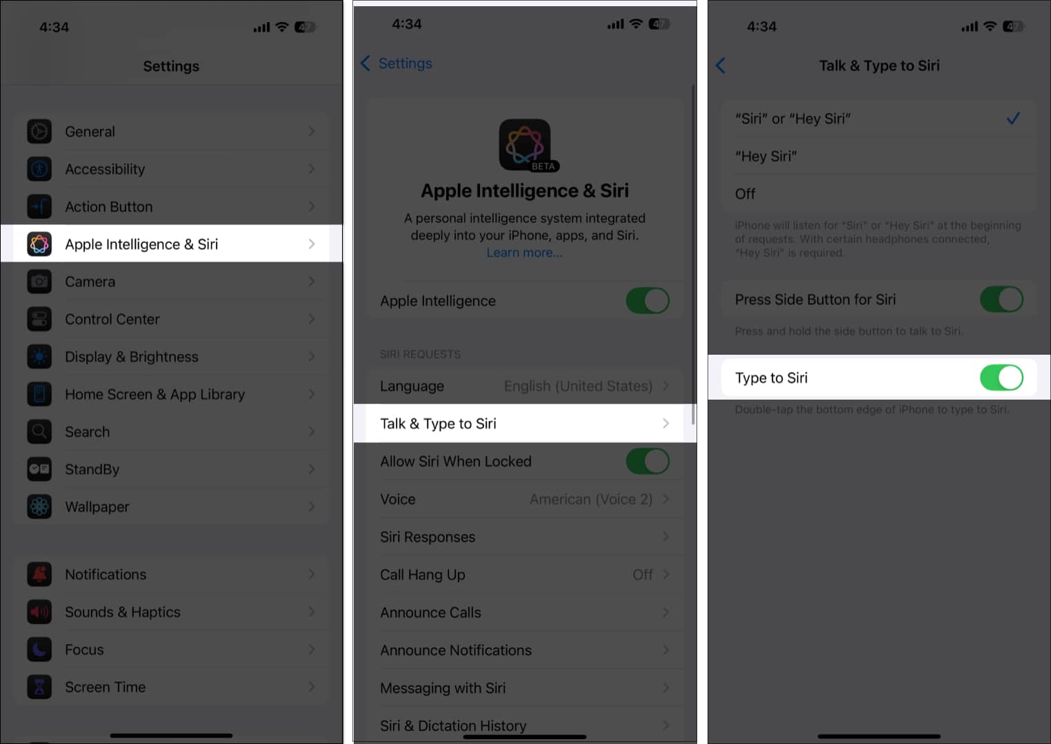 Toggling on Type to Siri from Apple Intelligence & Siri settings page on an iPhone.