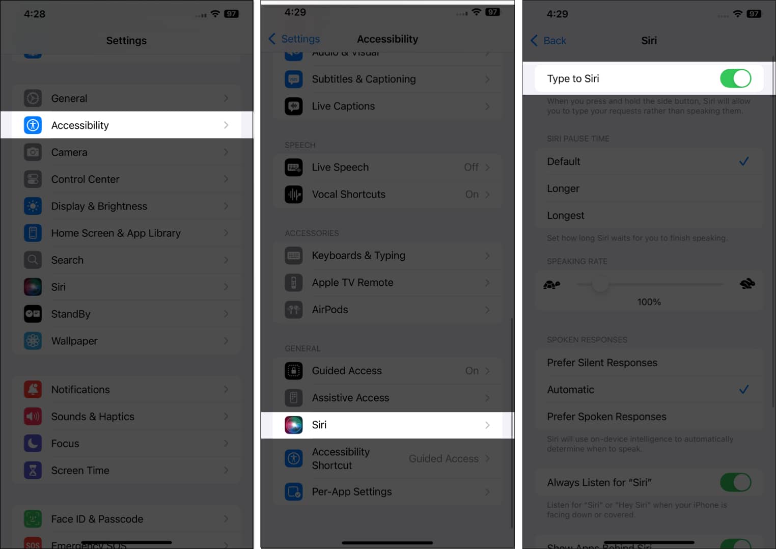Toggling on Type to Siri on an iPhone running iOS 17.