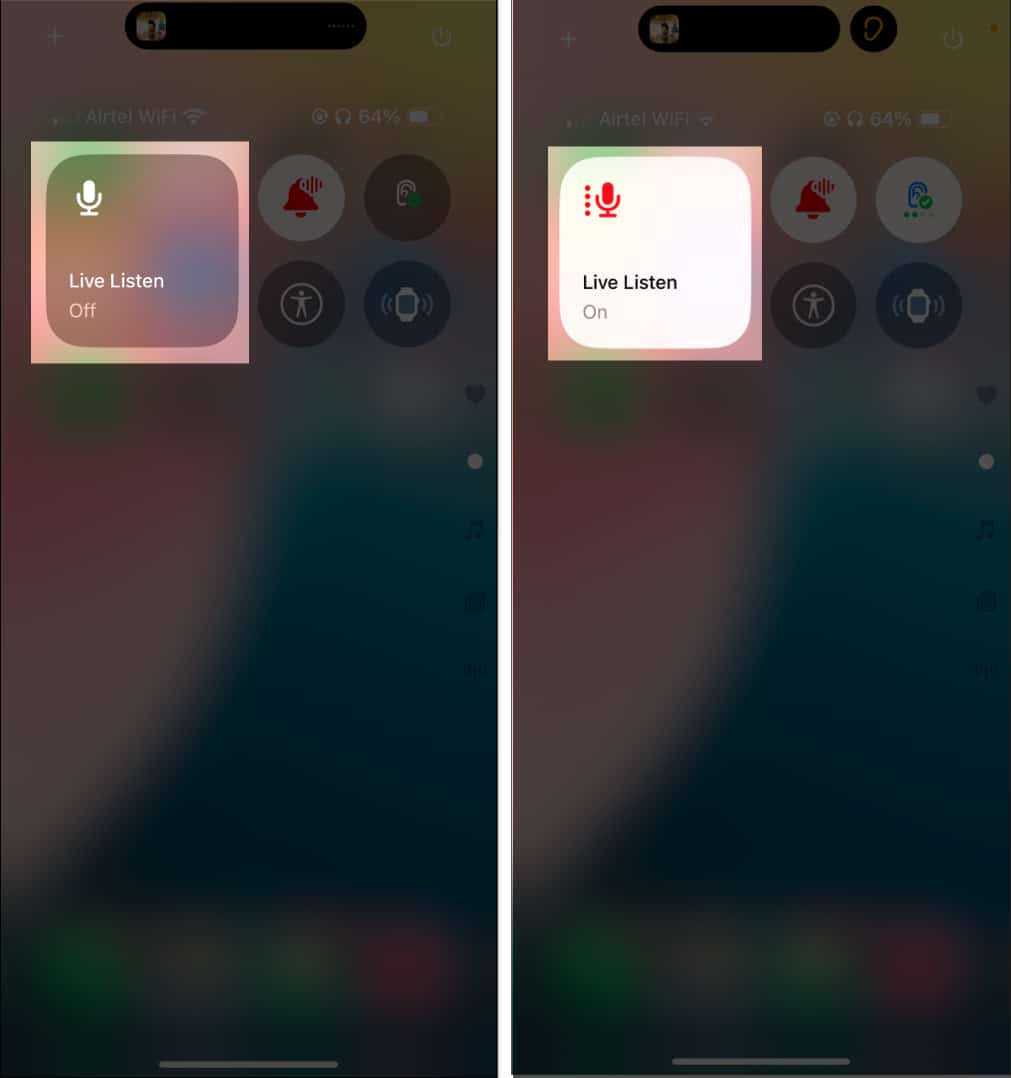 Turning on Live Listen from Control Center on iPhone.