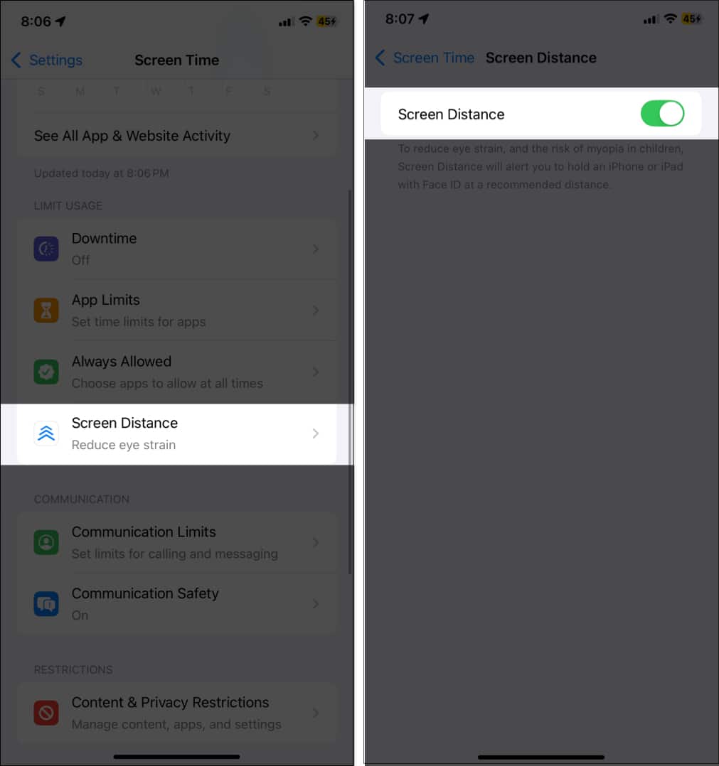 Turning on Screen Distance from settings app on iPhone.