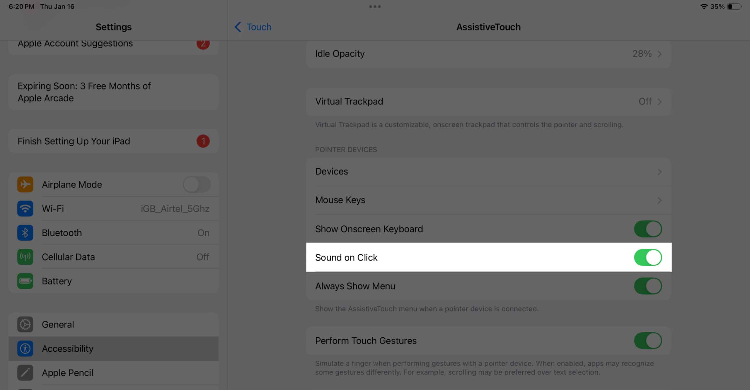 Turning on the Sound on Click option in the Settings app on an iPad.