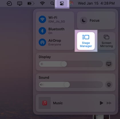 Turning on Stage Manager from macOS Control Center.