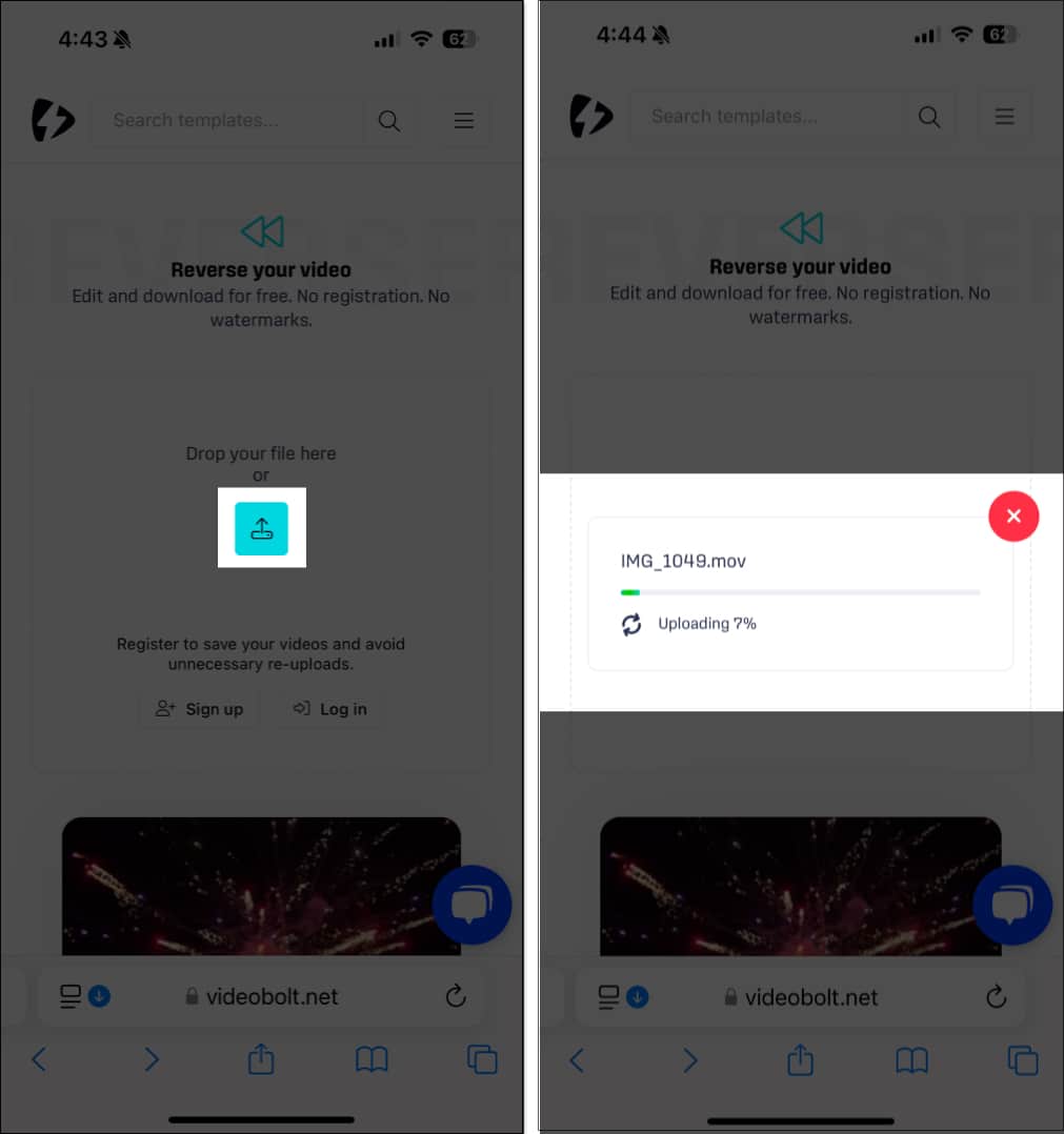 Uploading a video to the Videobolt website on an  iPhone.