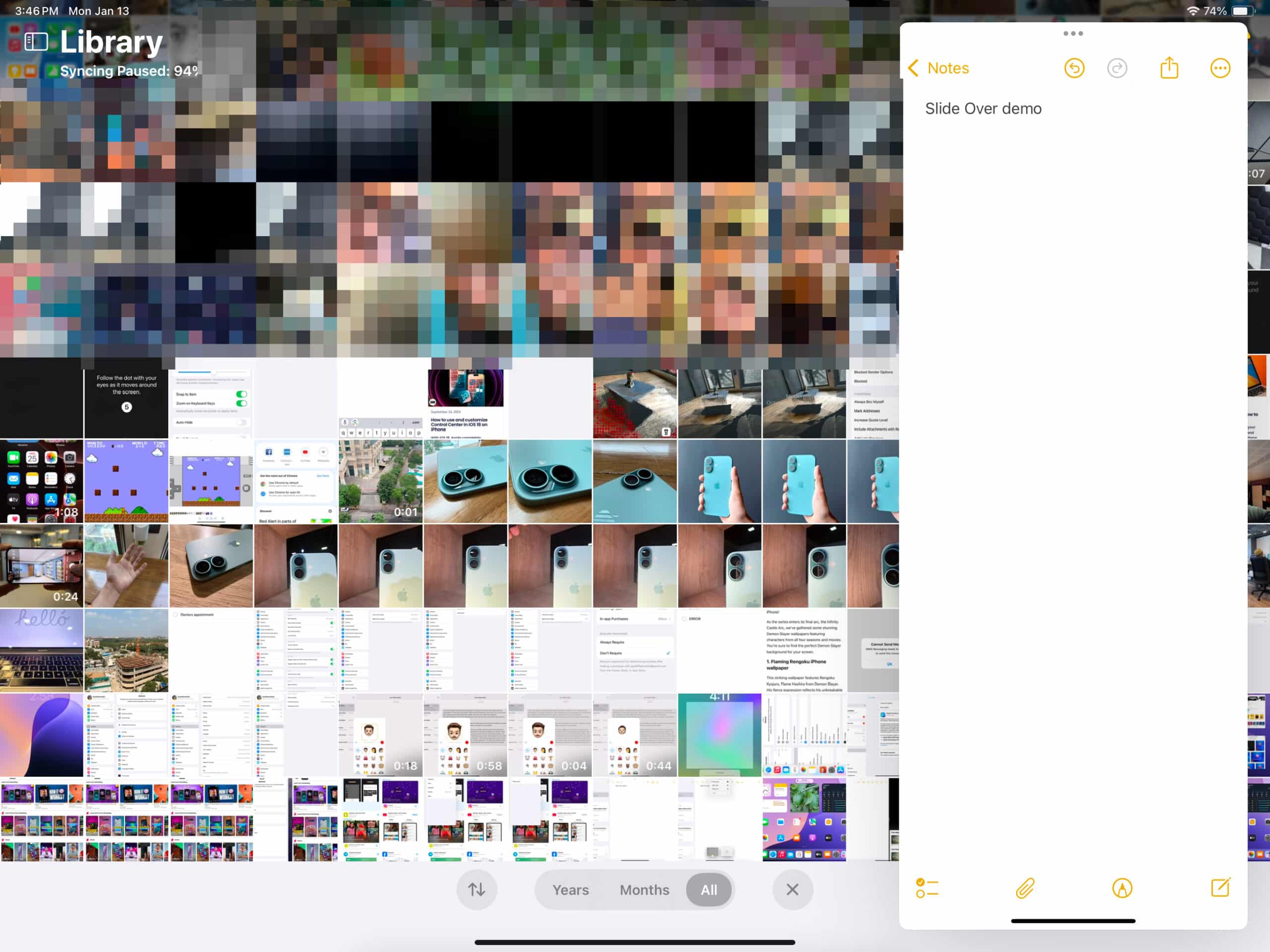 Using Photos and Notes app in Slide Over mode on an iPad.