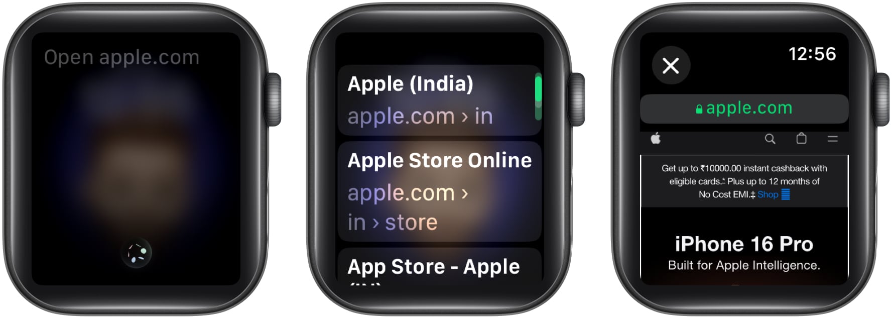 Using Siri to open a website on Apple Watch.