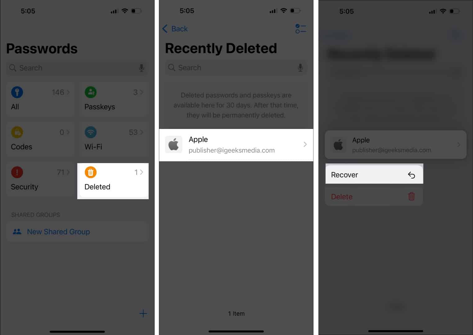 Access Deleted passwords in the Passwords app with Face ID and recover credentials on iPhone.