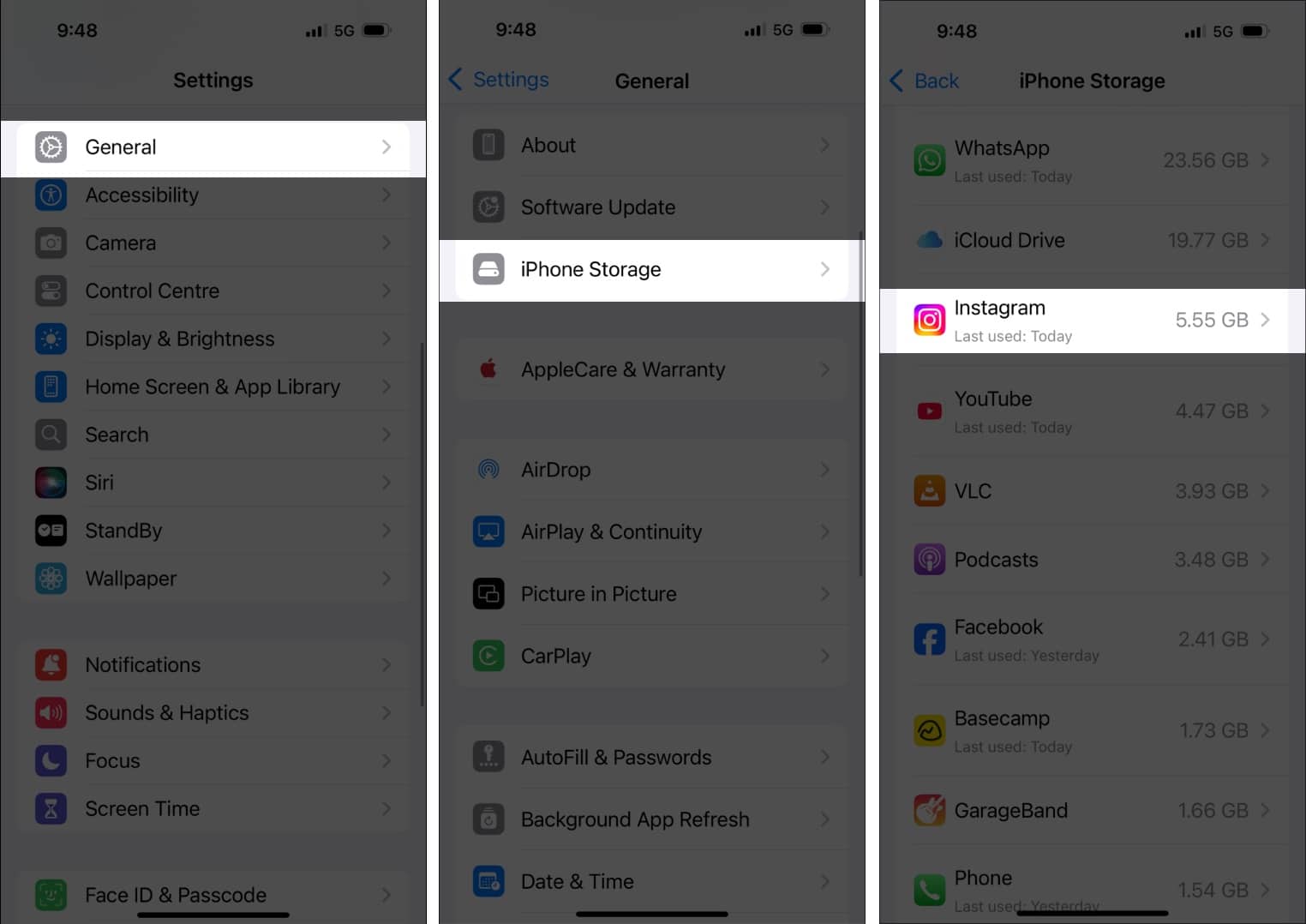 Finding and selecting an app to offload from the iPhone Storage page.