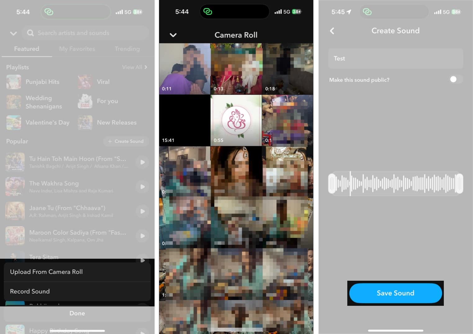 Add your own sound to Snapchat Story by uploading from Camera Roll and saving the sound.
