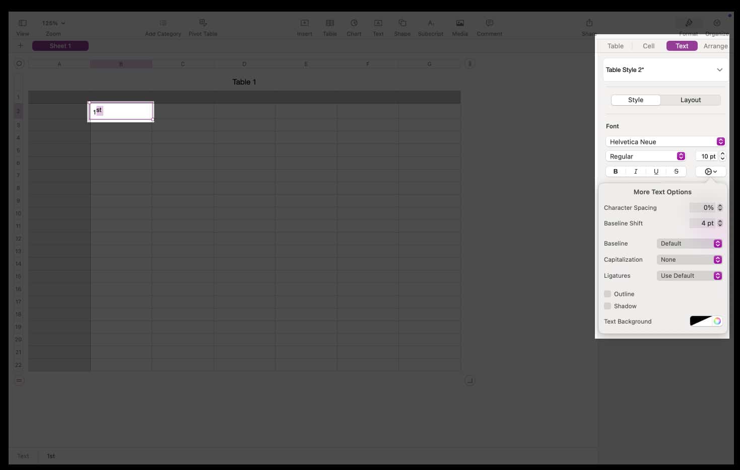 Adjust text position in Numbers select text Click Format Go to Text Open Font settings Use Baseline Shift arrows to move text up or down.