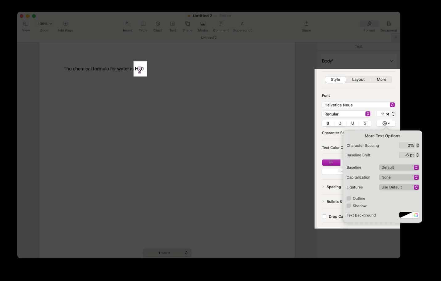 Adjust text position in Pages select text Click Format Style Settings gear Use Baseline Shift arrows to raise or lower text.