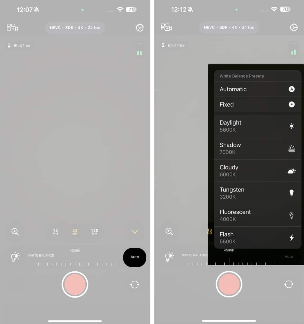 Adjusting white balance for video in Final Cut Camera app.