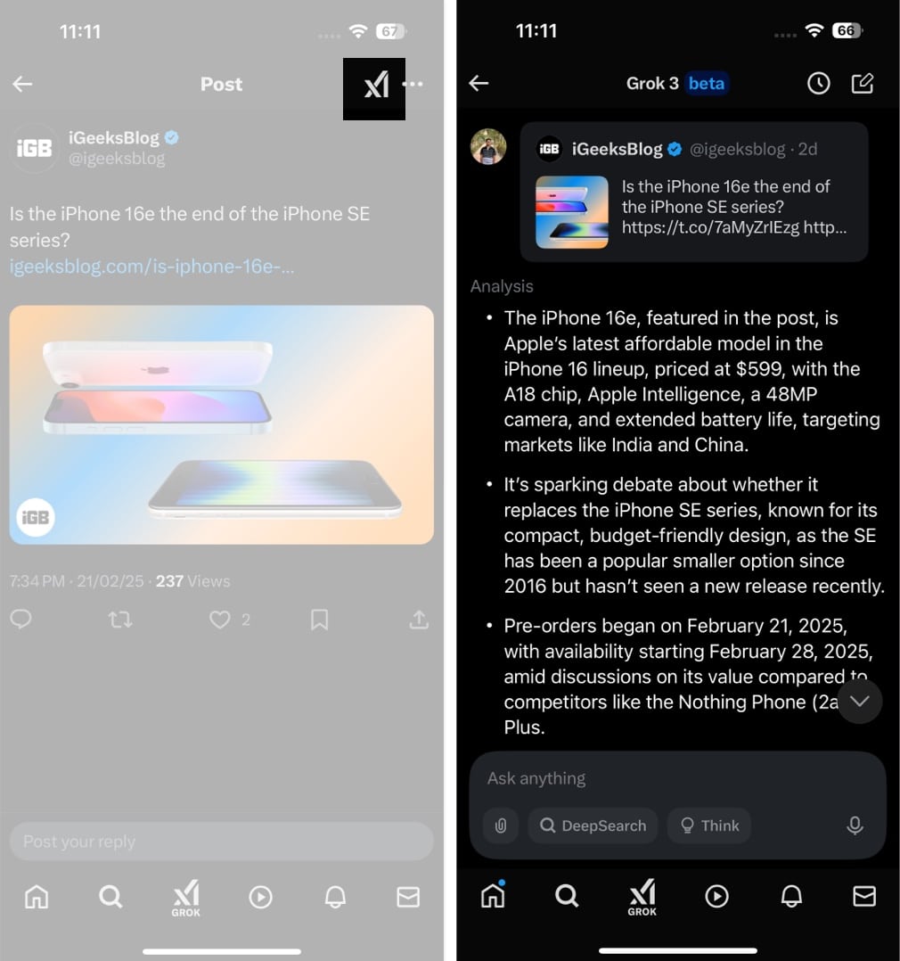 Asking Grok to analyze or answer related questions about any post on X on an iPhone.