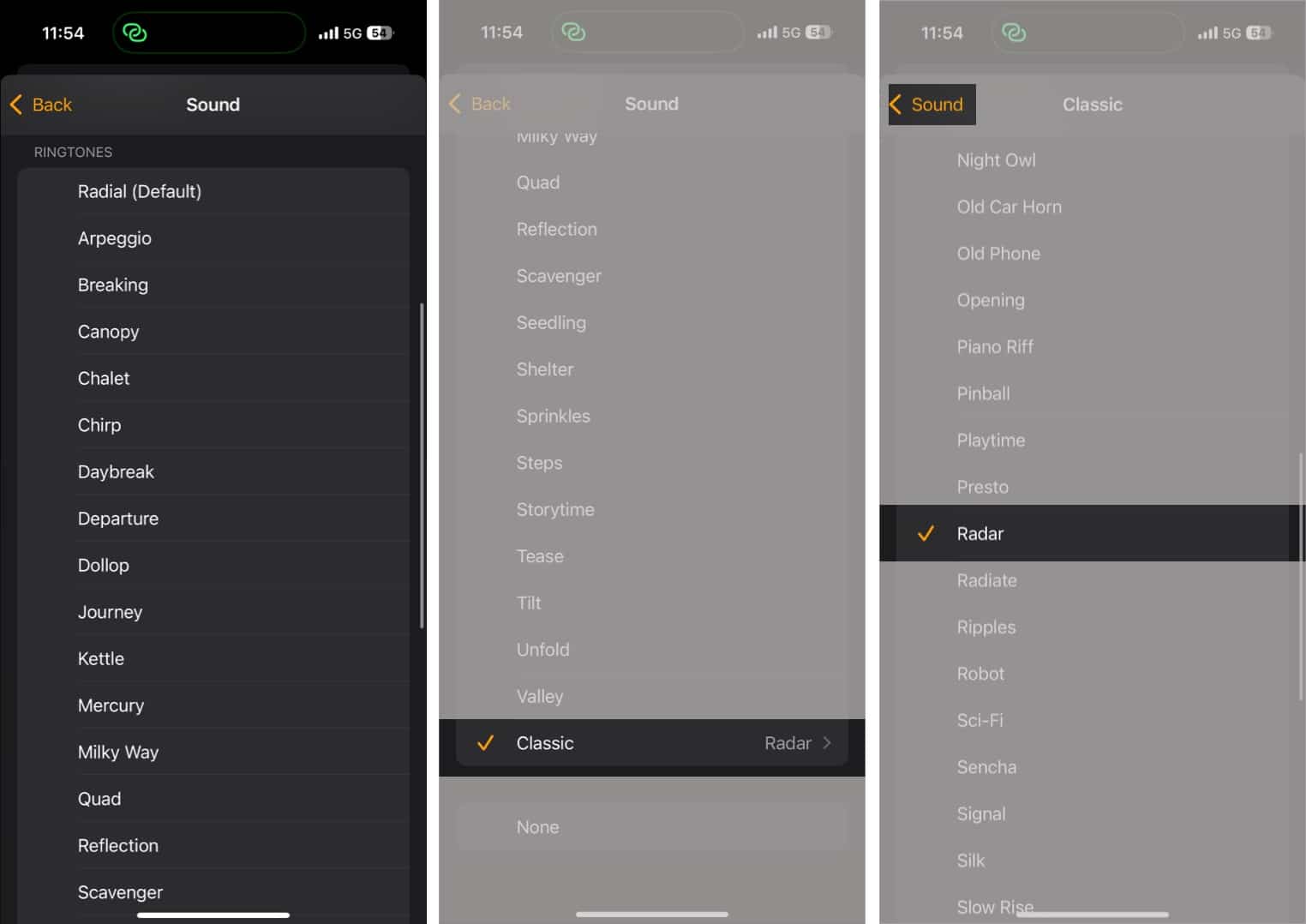 Choosing a default ringtone as alarm sound on an iPhone.