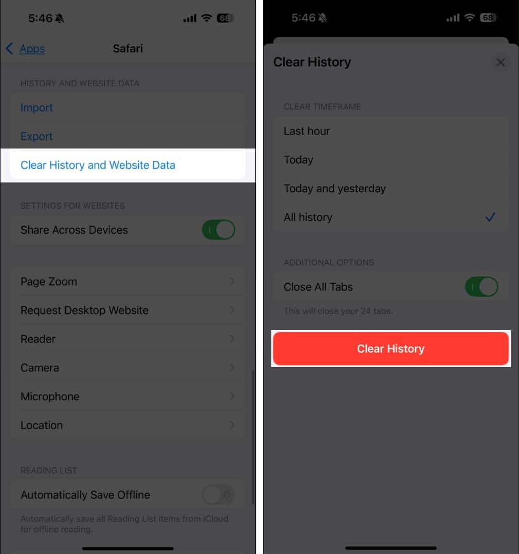 Clear history and website data in Safari on iPhone.