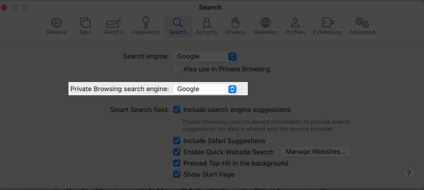 Click Dropdown menu next to Private Browsing search engine in Safari settings on Mac.
