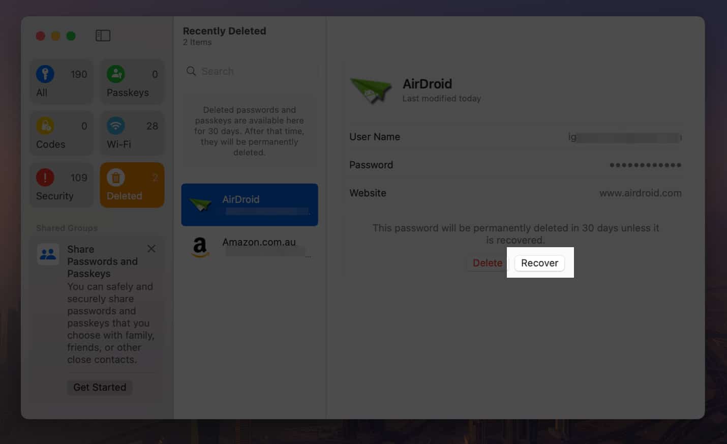 Click Recover to restore recently deleted password on Mac.