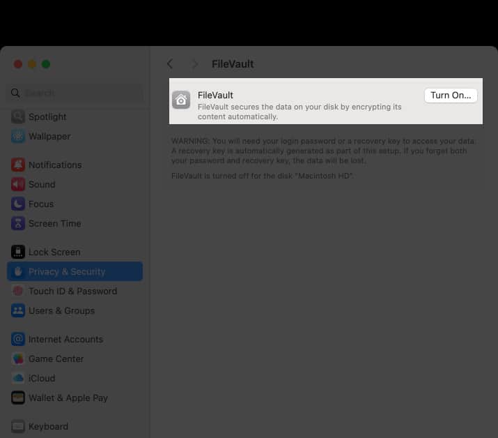 Turning on the FileVault feature on a Mac.