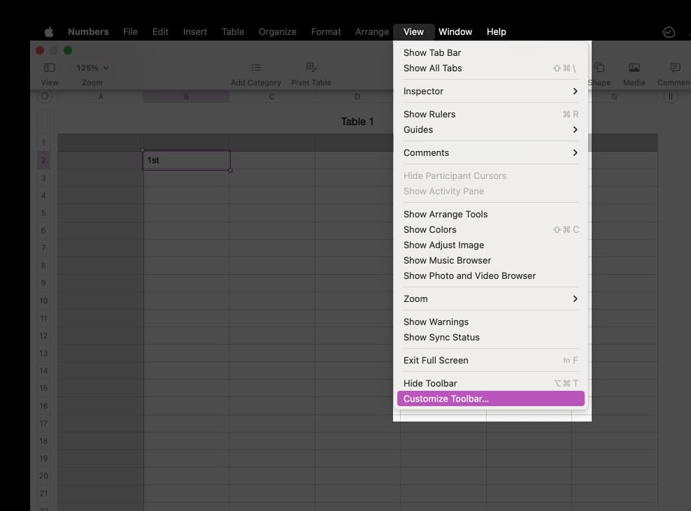 Click View in Mac menu bar in Numbers toolbar and select Customize Toolbar.