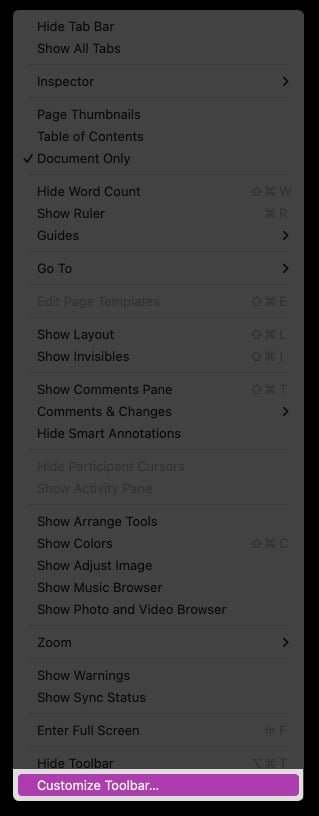 Click View in the Mac menu bar and select Customize Toolbar.