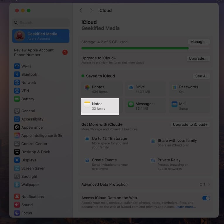 Click on Notes under Saved to iCloud in Mac iCloud Settings.
