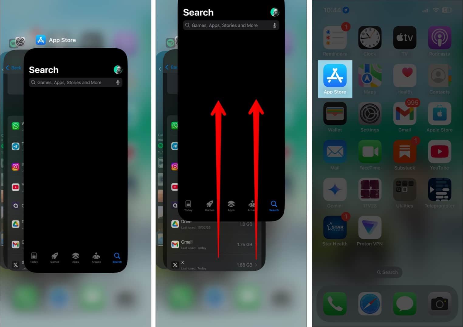 Closing and relaunching the App Store app on an iPhone.
