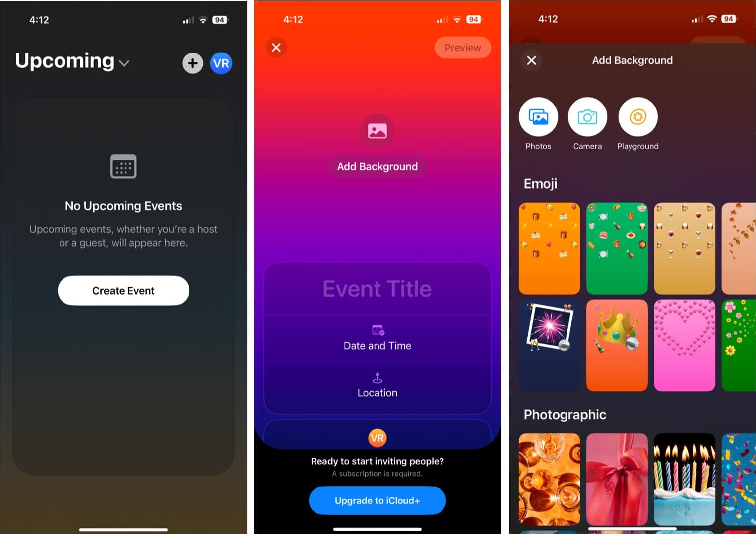 Creating an event in the Apple Invites app.