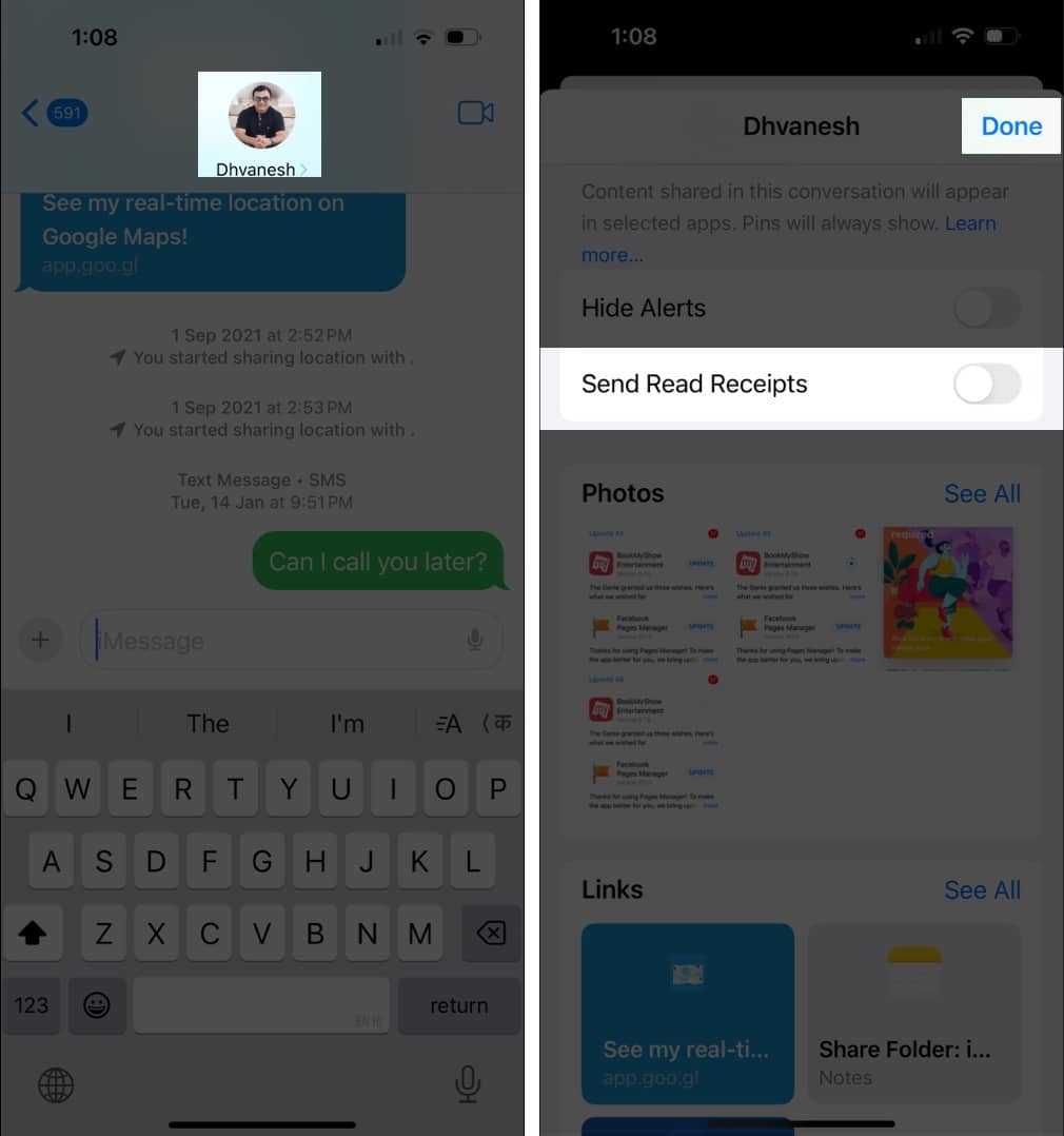 Disable read receipts for a contact in Messages on iPhone.