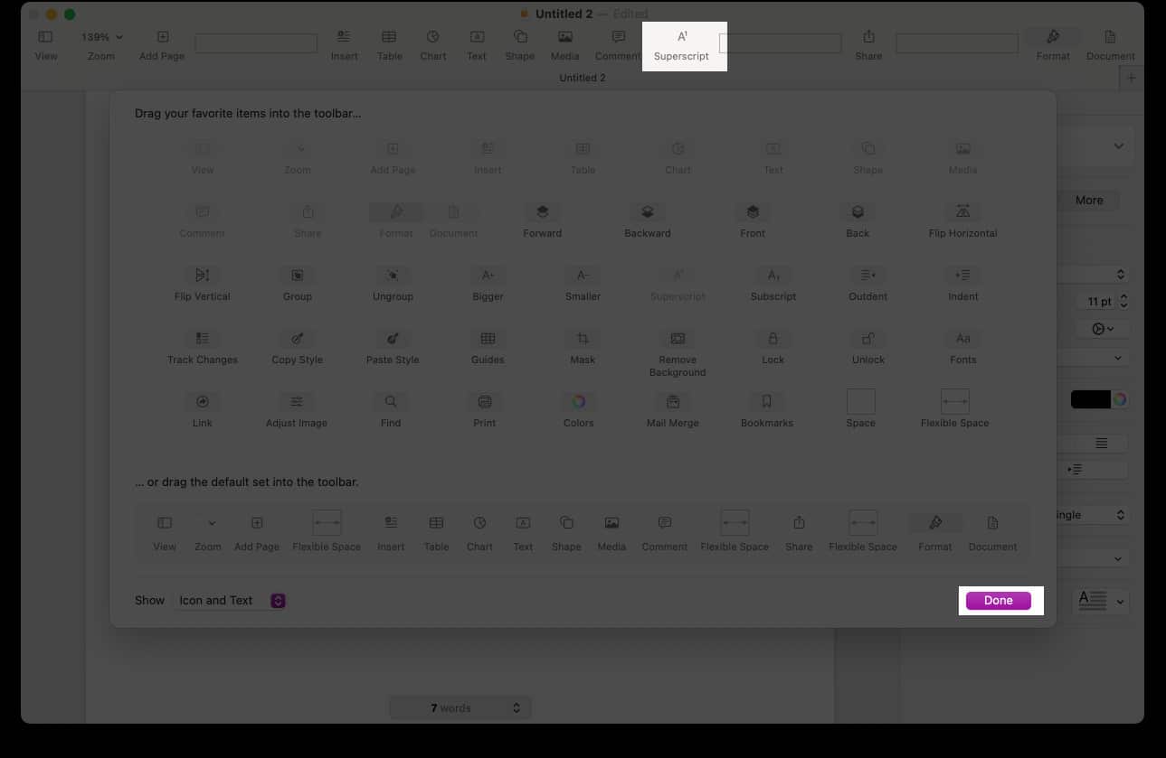 Drag Superscript or Subscript icon to Pages toolbar and click Done.