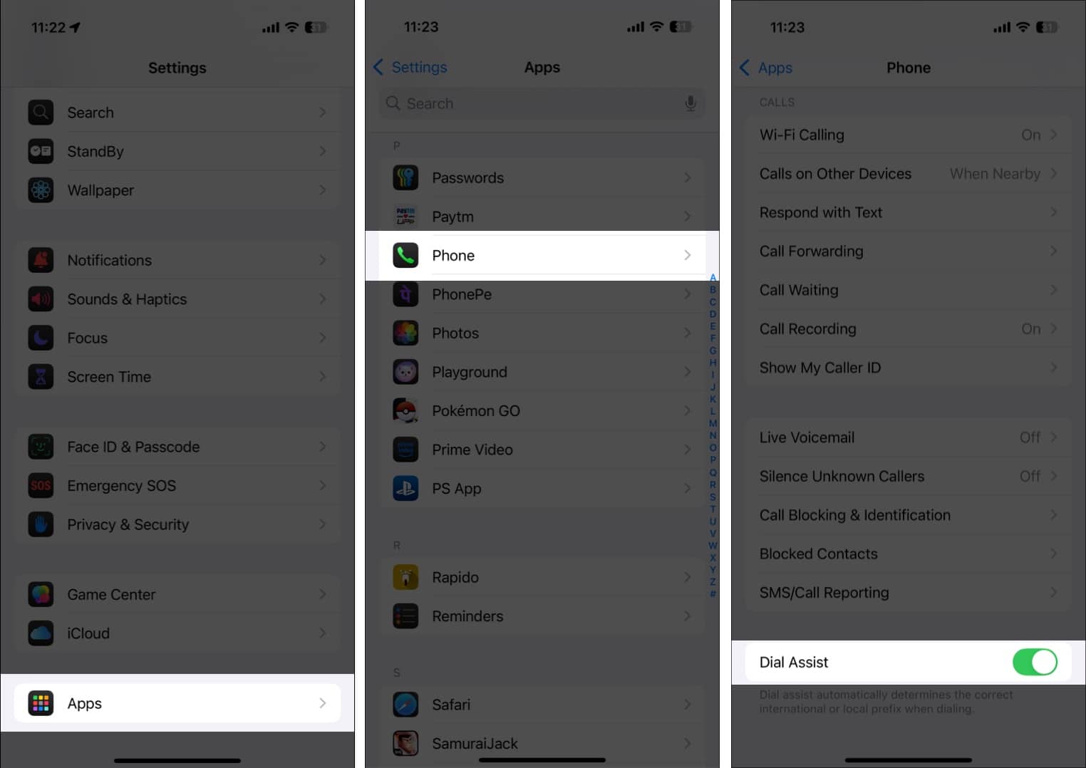 Enable Dial Assist on iPhone via Settings.