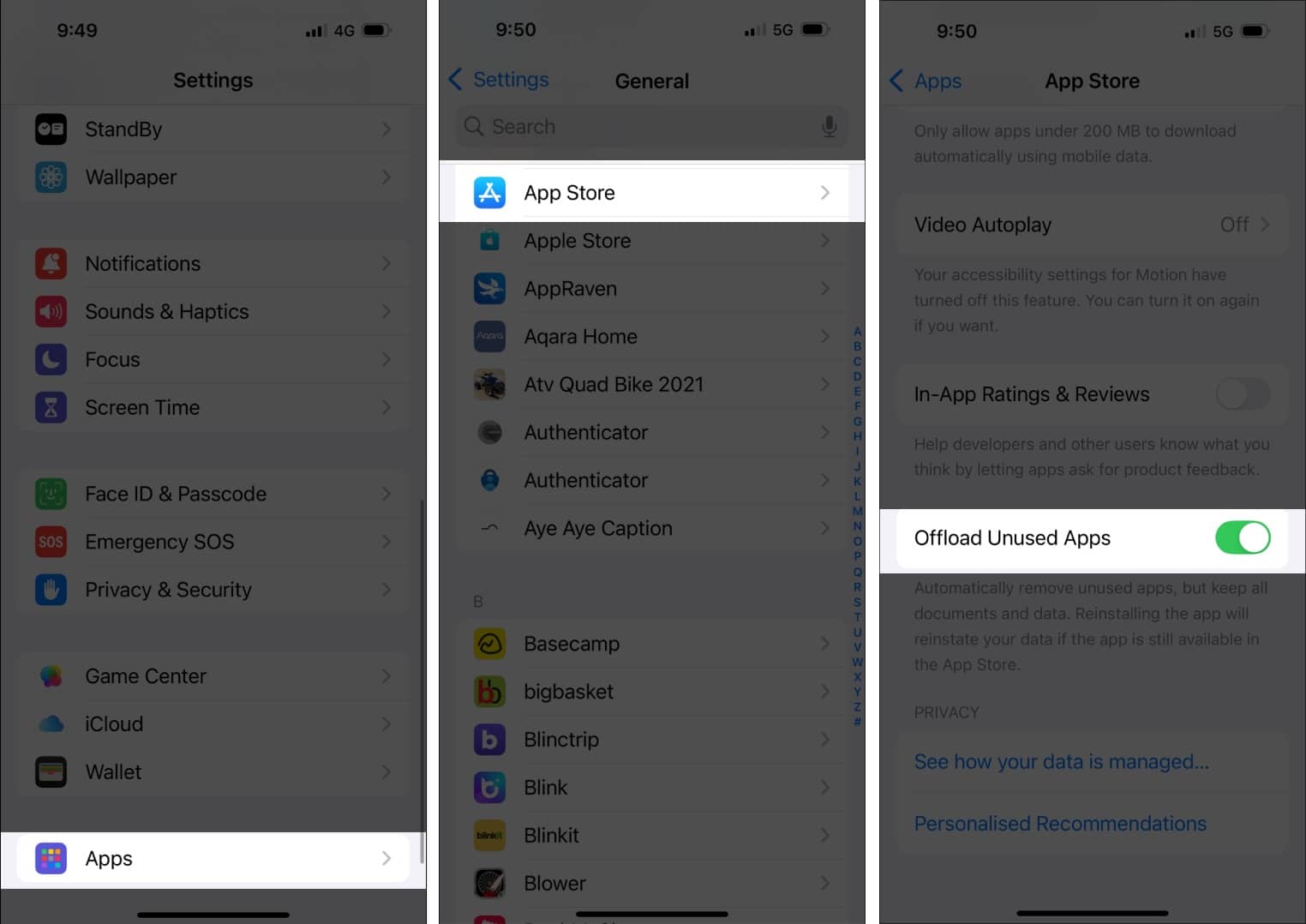 Enabling the Offload Unused Apps option under App Store settings on an iPhone.