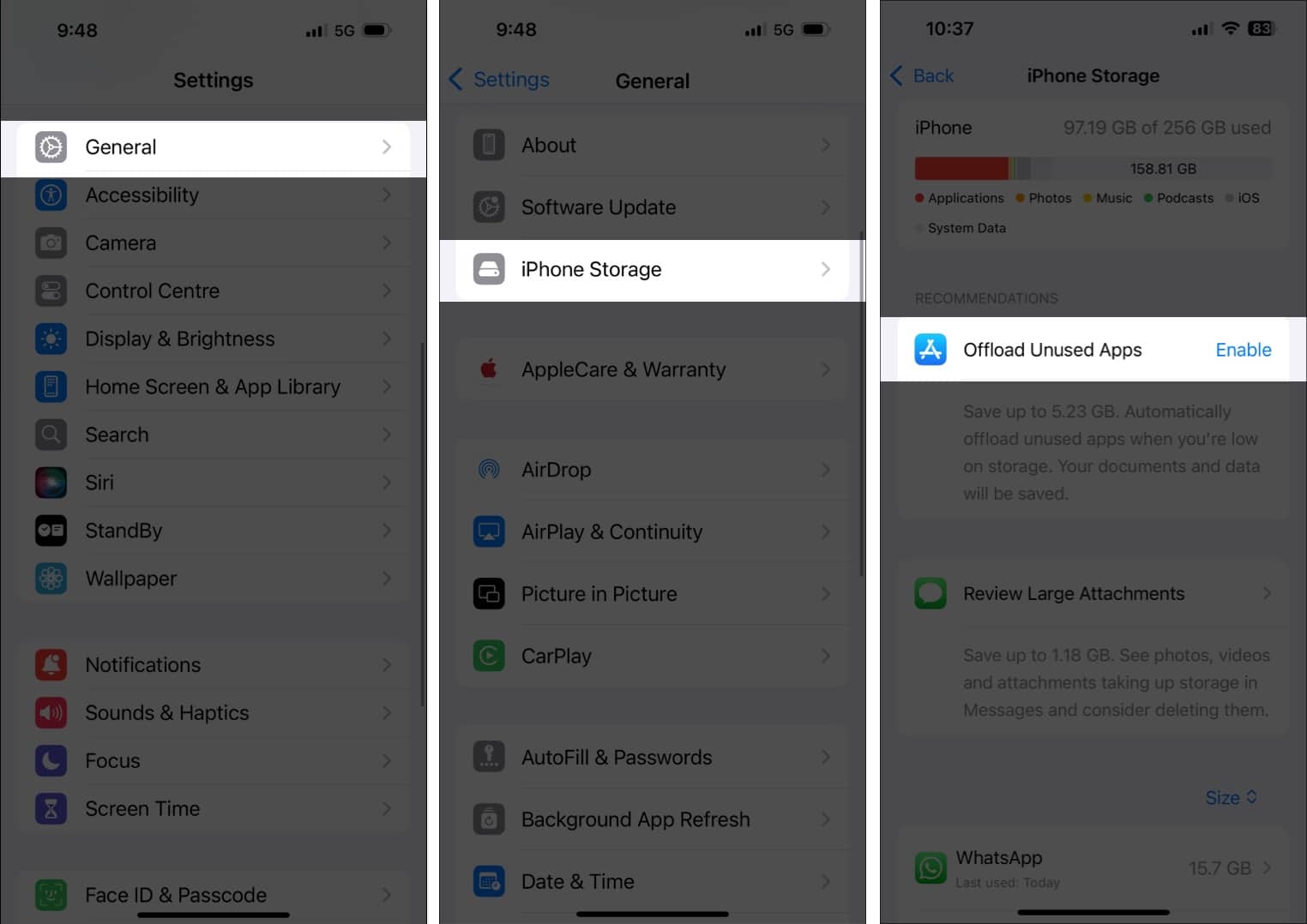 Enabling the Offload Unused Apps option from the iPhone Storage page on an iPhone.