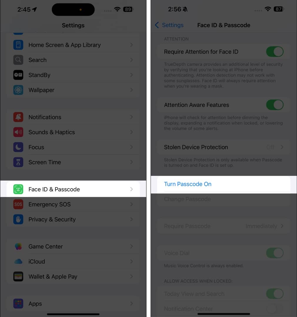 Enabling passcode in iOS Settings app on an iPhone.