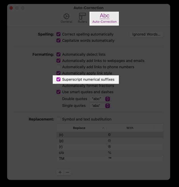 Enable superscript numerical suffixes in Pages on Mac.