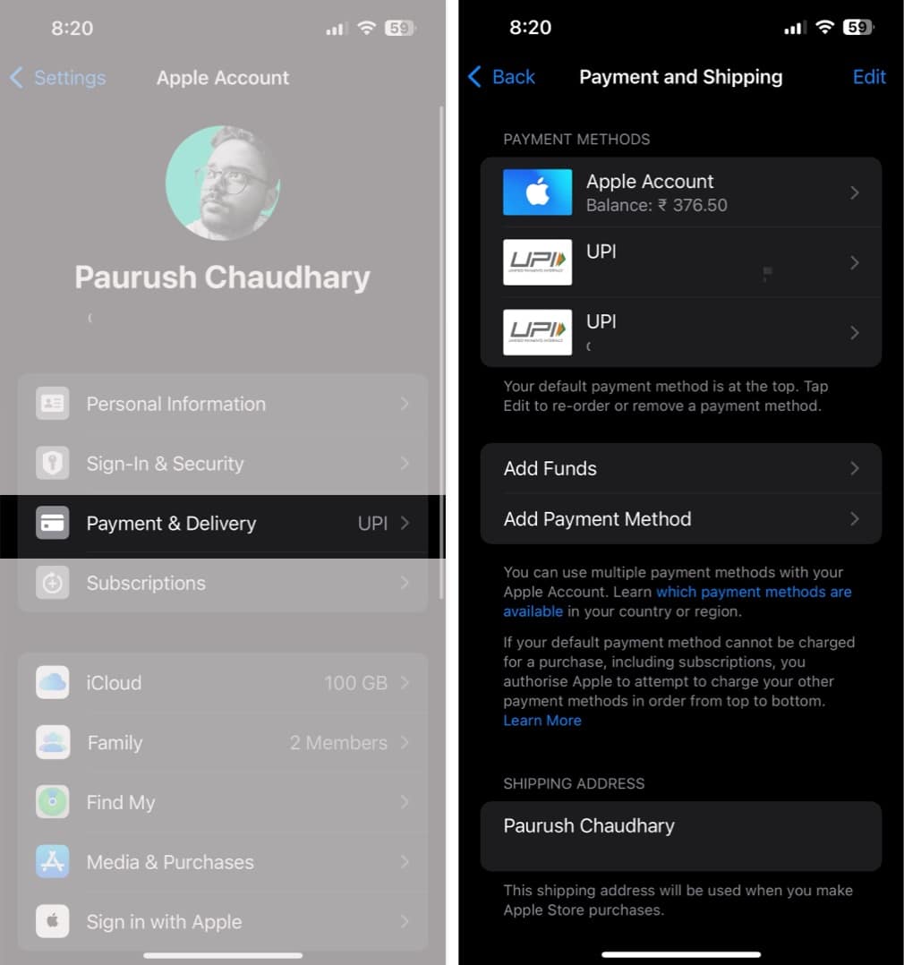 Verifying and setting up a payment method for an Apple Account on an iPhone.