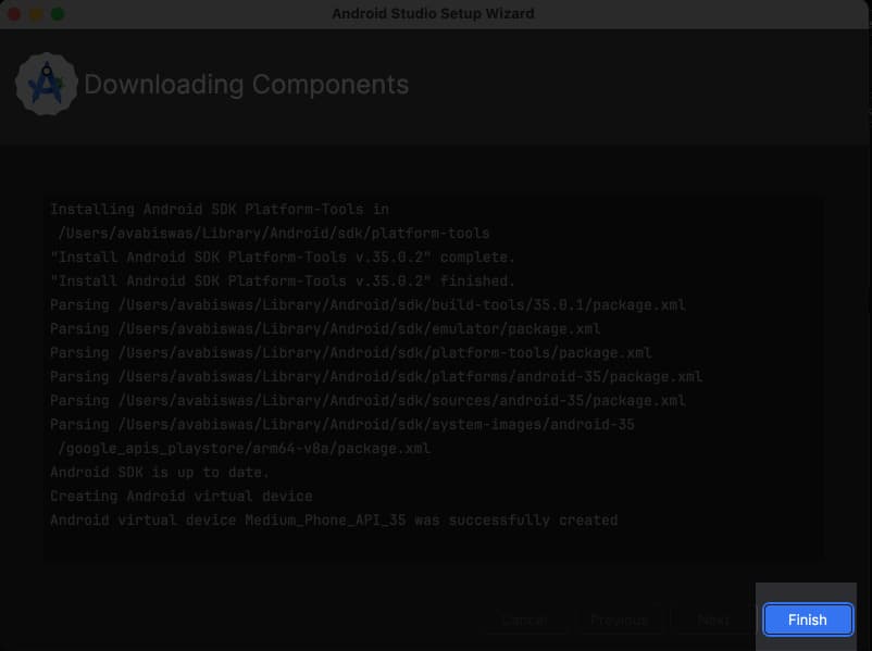 Follow download necessary packages on Mac then click Finish.