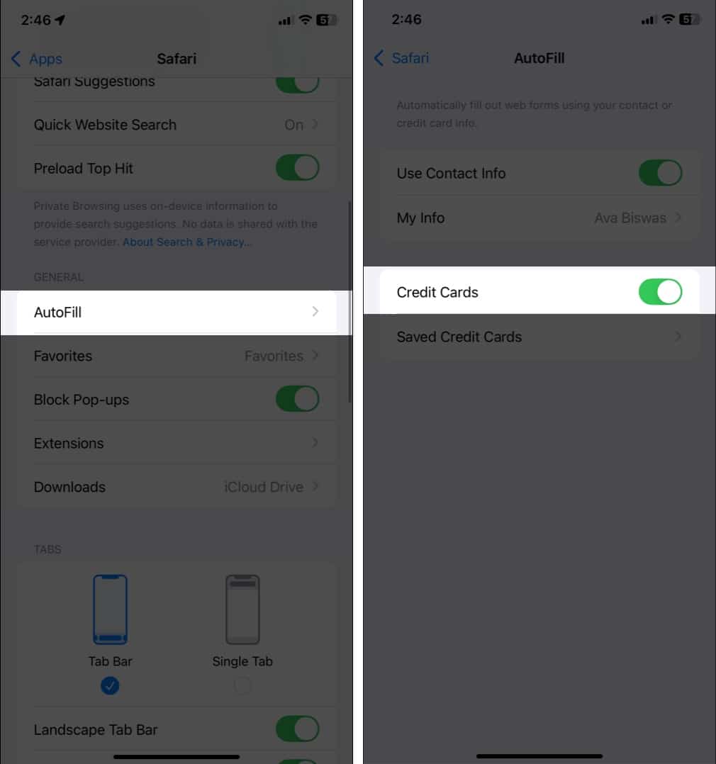 Go to Safari settings tap AutoFill and enable Credit Cards.