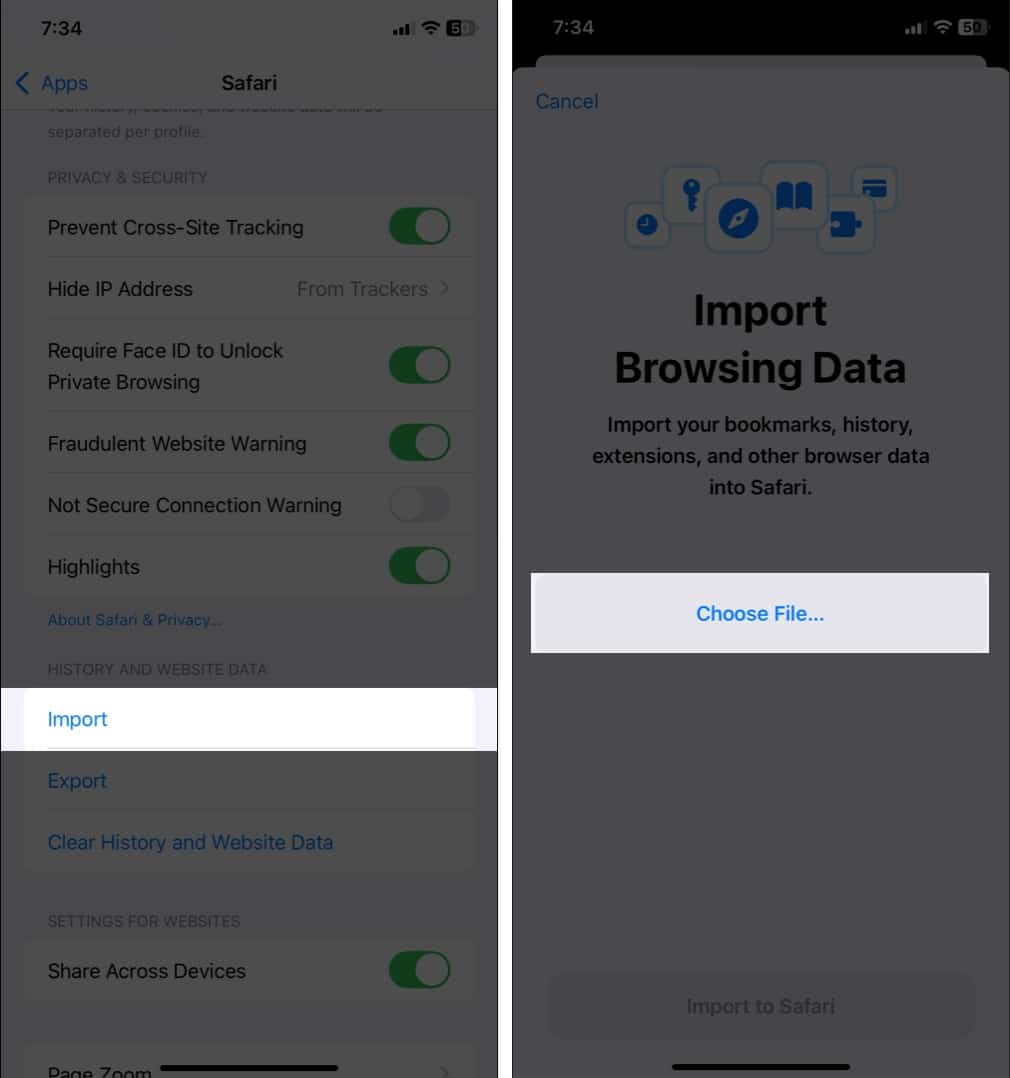 Import passwords into Safari using iPhone.