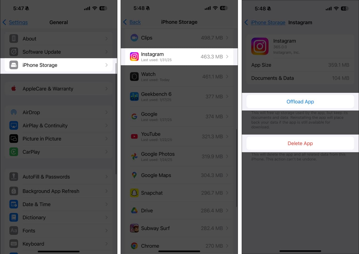 In iPhone Storage settings Offload or delete app to free space and fix AutoFill issues.