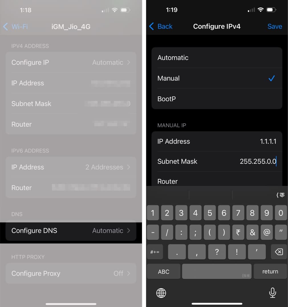 Manually configuring the DNS for a Wi-Fi on an iPhone.
