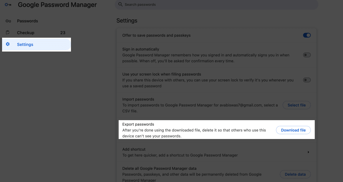 Navigate to Chrome Settings and select Download file next to Export passwords.