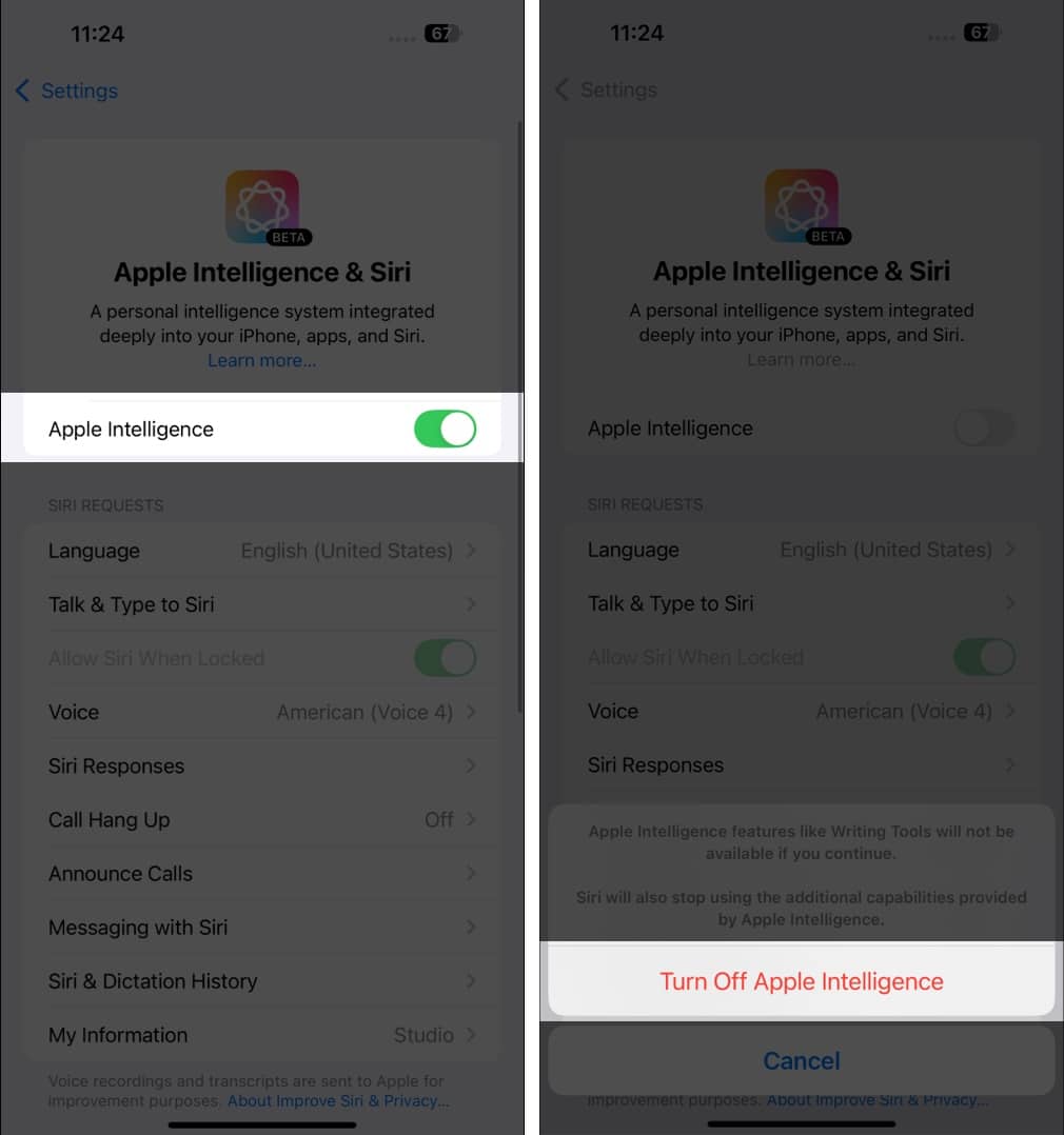 Navigate to Settings then go to Apple Intelligence and Siri and toggle off Apple Intelligence.