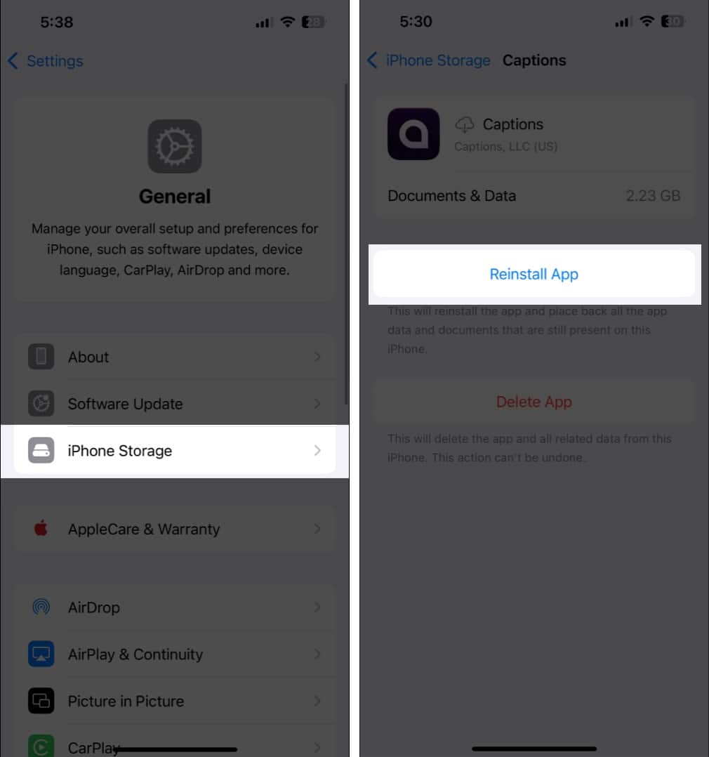 Navigate to iPhone Storage in Settings select an app and tap Reinstall App.