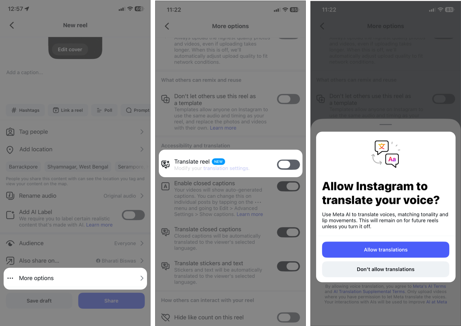 Navigating to Advanced Settings Before Posting an Instagram Reel.