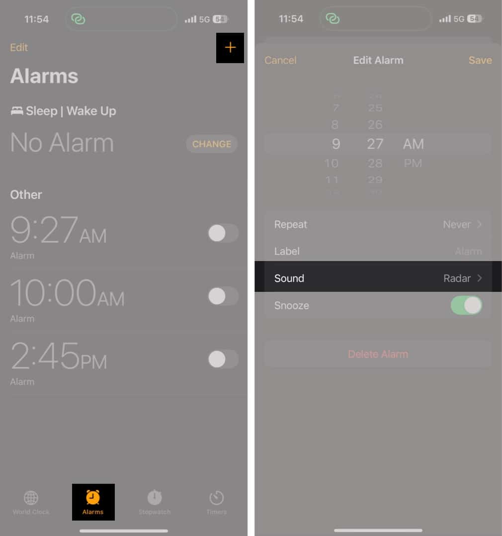 Creating a new alarm in the Clock app on an iPhone.